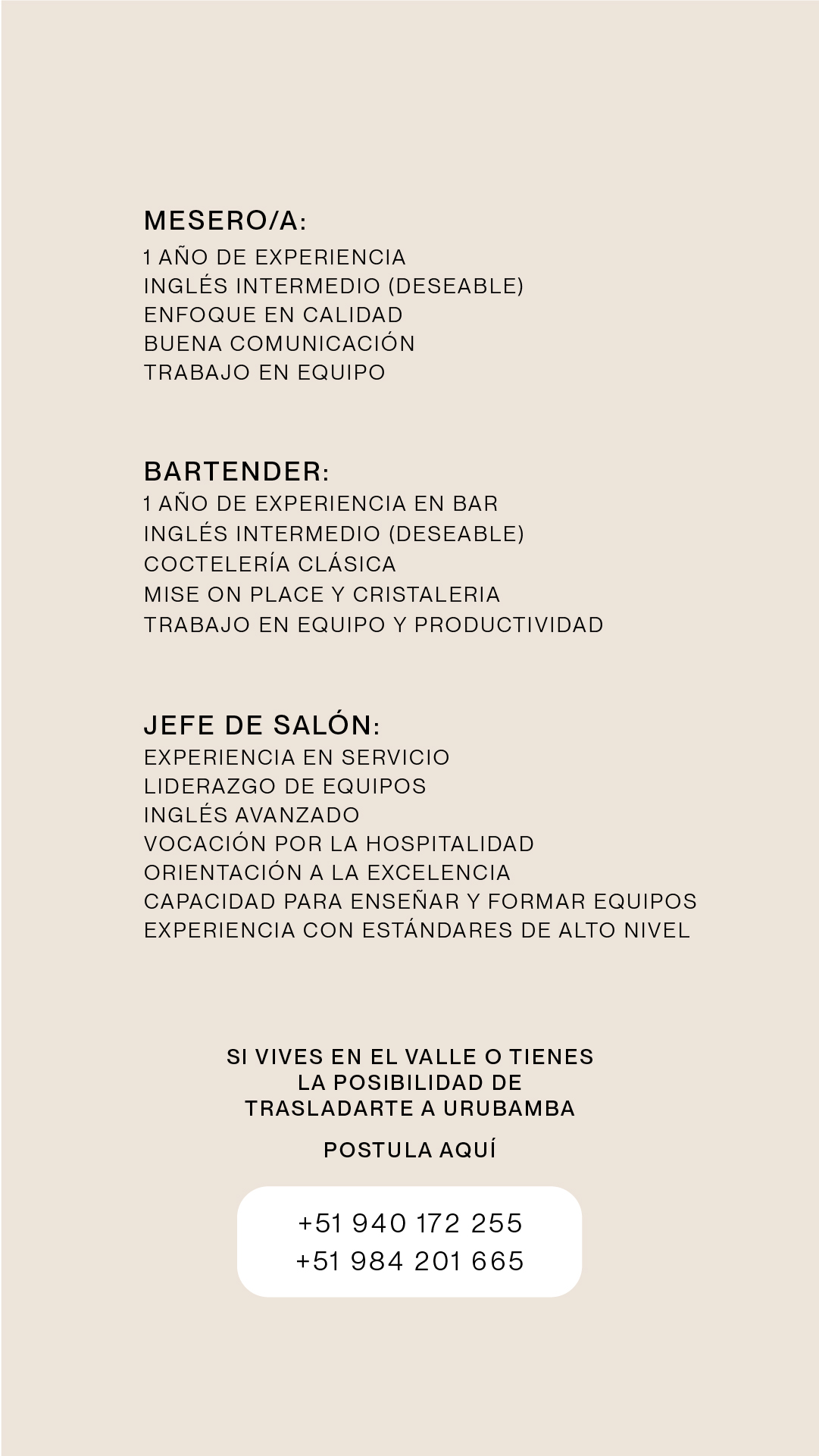 Jefe de Salón — Las Manos (Valle Sagrado, Urubamba)